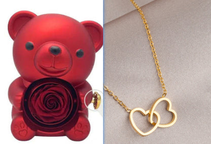 Rotating Bear Gift Box Eternal Rose Teddy Bear Jewelry Box With Necklace Valentine Wedding Special Present For Girlfriend Anniversary Gift Jewelry Box