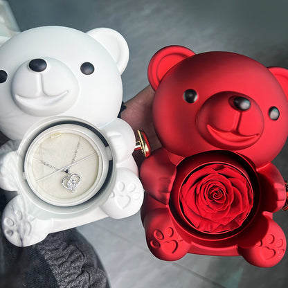 Rotating Bear Gift Box Eternal Rose Teddy Bear Jewelry Box With Necklace Valentine Wedding Special Present For Girlfriend Anniversary Gift Jewelry Box