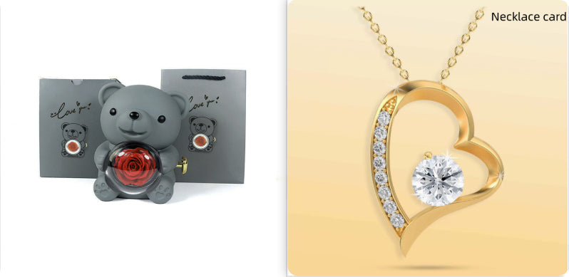 Rotating Bear Gift Box Eternal Rose Teddy Bear Jewelry Box With Necklace Valentine Wedding Special Present For Girlfriend Anniversary Gift Jewelry Box