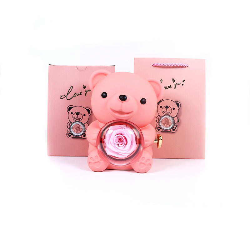 Rotating Bear Gift Box Eternal Rose Teddy Bear Jewelry Box With Necklace Valentine Wedding Special Present For Girlfriend Anniversary Gift Jewelry Box